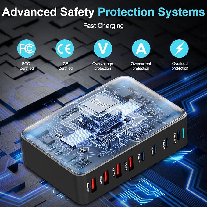 320W USB C Fast Charger Block, 8 Port USB Charging Station, GaN Ⅲ Pro 100W PD