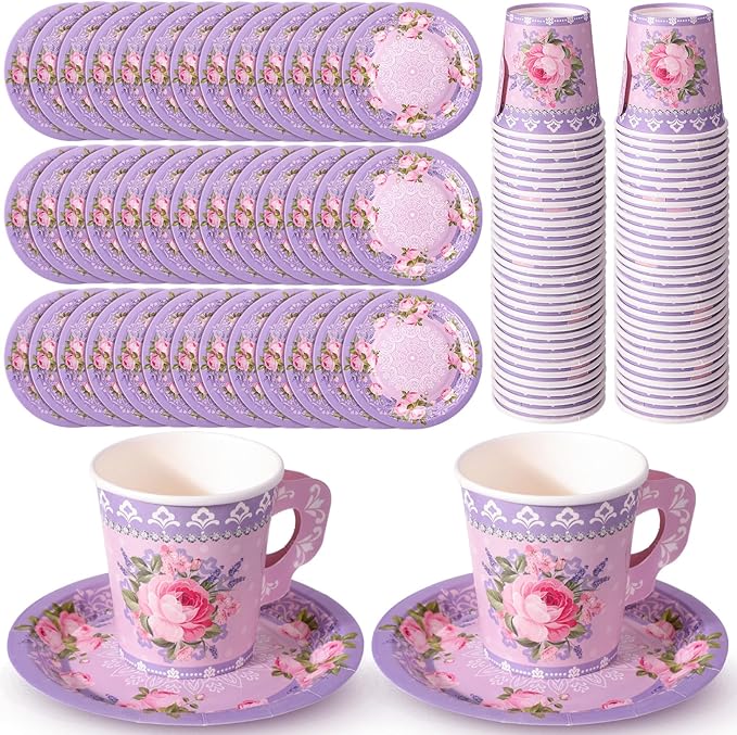 Nuogo 200 Pcs Floral Paper Tea Cups and Saucers 7 oz Disposable Paper Teacups