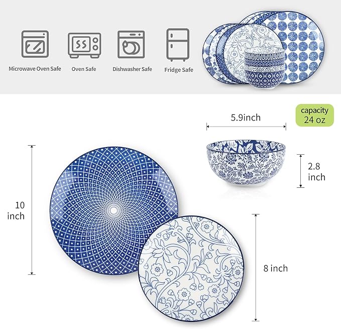 Selamica Ceramic Dinnerware Sets, Vintage Blue | Scratch Resistant Dishes set