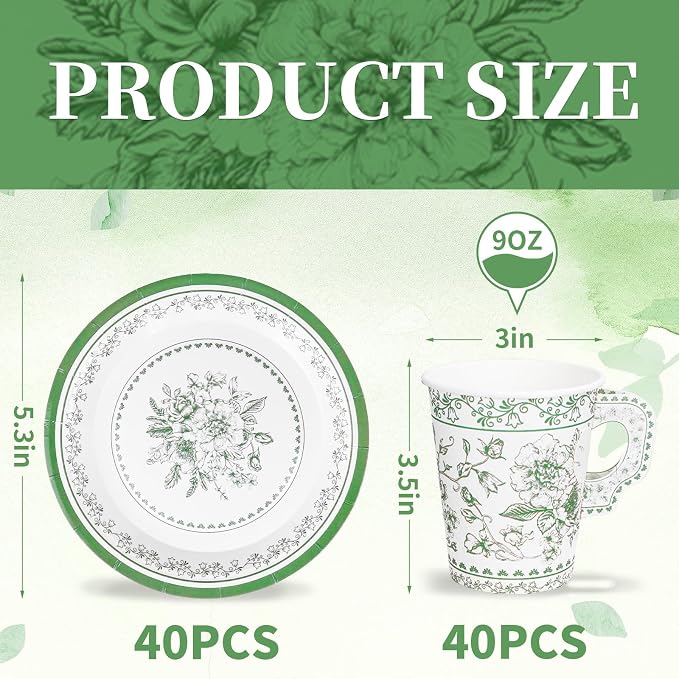 Whaline 80 Pcs Green White Floral Paper Tea Cups and Saucers Porcelain