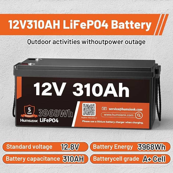 12V 310Ah LiFePO4 Lithium Battery – Max. 3968Wh Solar/RV/Off-Grid Power