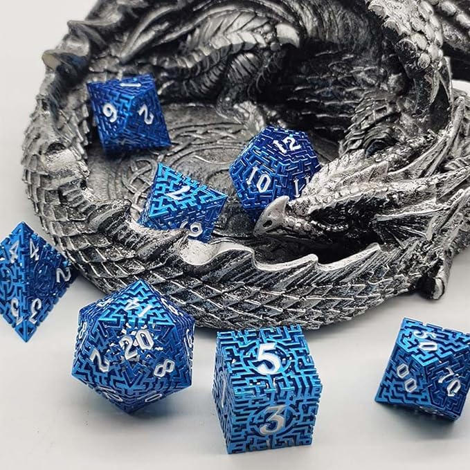 Blue Metal Hollow DND Dice Set Metallic Luster Maze Design