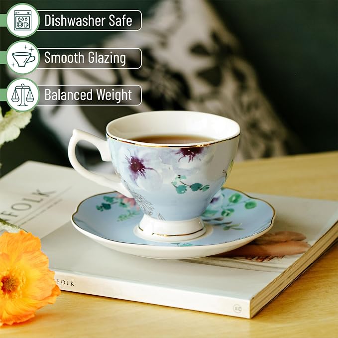 BTaT- Floral Tea Cups and Saucers, 6 Pack, 8 oz | Fine Porcelain Teacup Set