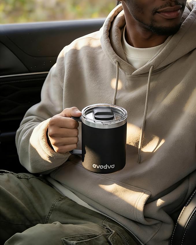 12oz Insulated Coffee Mug with Lid – Includes Two Lids, Stainless Steel Coffee
