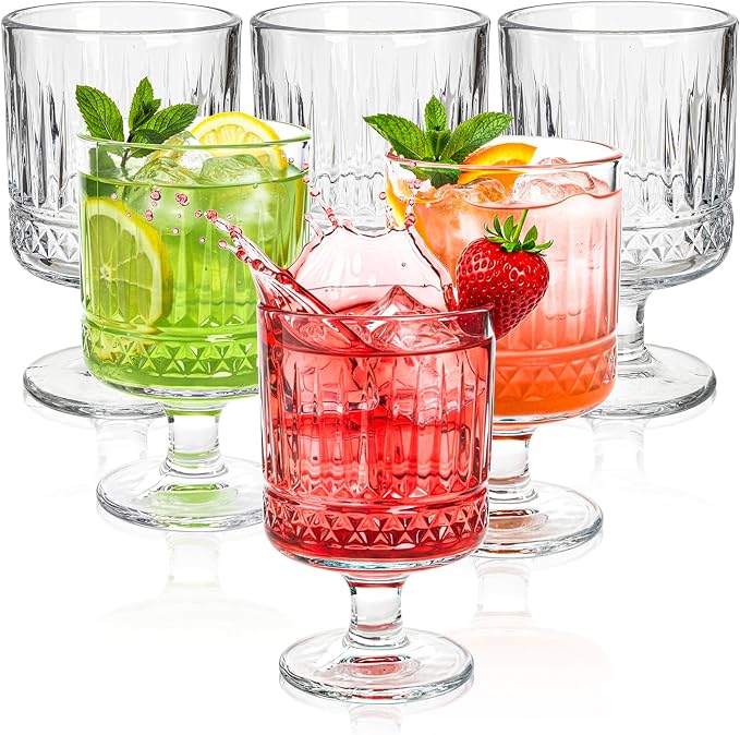 6 Pack Vintage Glass Goblets, 7.5 OZ Small Clear Wine Glasses, Retro Embossed