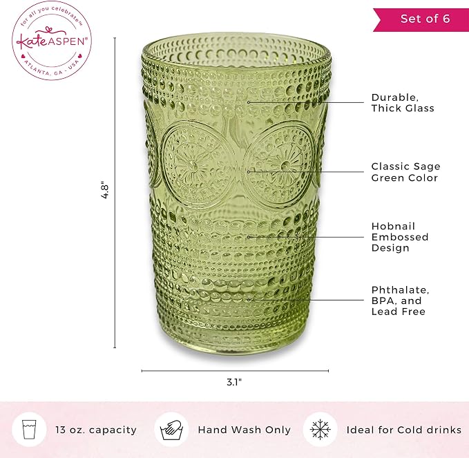 Hobnail Beaded Floral Green Drinking Glasses Set of 6, Vintage Glassware Set by