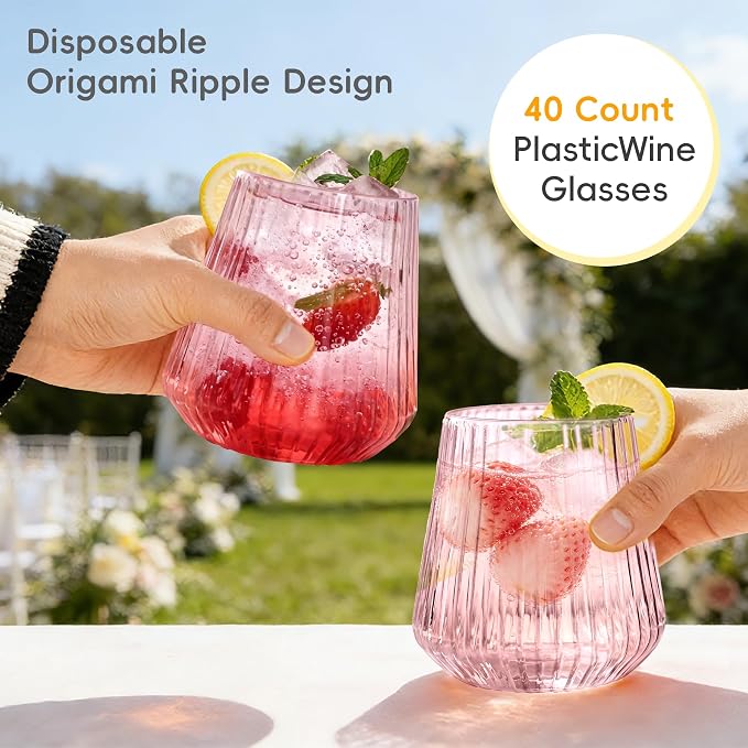 N9R 40PCS Pink Plastic Wine Glasses Disposable, 14 oz Cocktail & Spritz | Pink