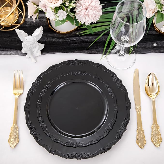 U-QE 100PCS Black Plastic Plates, Heavy Duty Black Plates Including 50PCS 10''