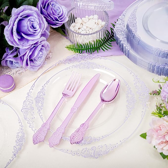 175 Pcs Clear Purple Plates for Party | Party Plates Set for 25 Guests