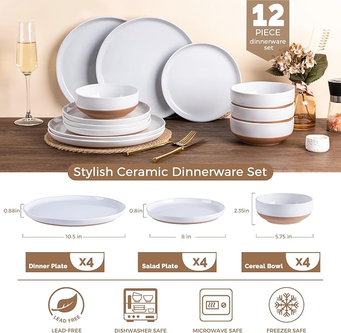 AmorArc Dinnerware Sets for 4, 12 Pieces Ceramic Plates and Bowls Set | Scratch