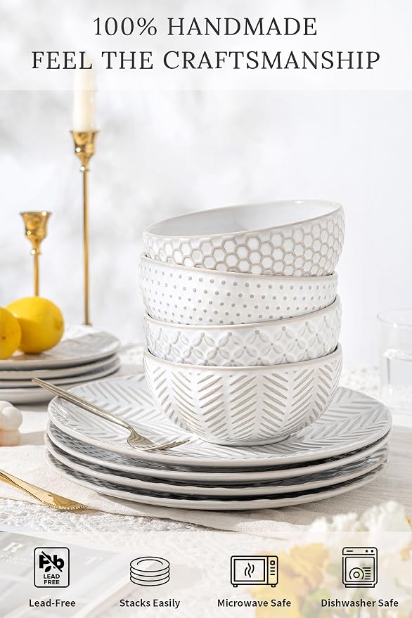 FOBENTA 16-Piece Ceramic Plates and Bowls Set, Dual Bowl Dish Set