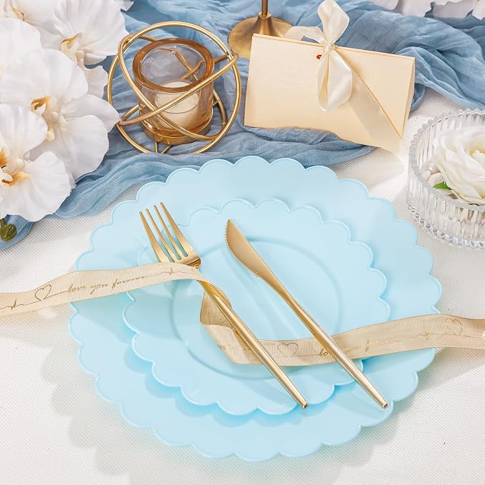 100Pcs Blue Scalloped Plastic Plates Set