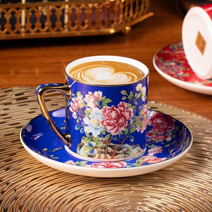 KAMMAK Tea Cup and Saucer, Ceramic Coffee Cups, 7.4 oz, Afternoon Tea and