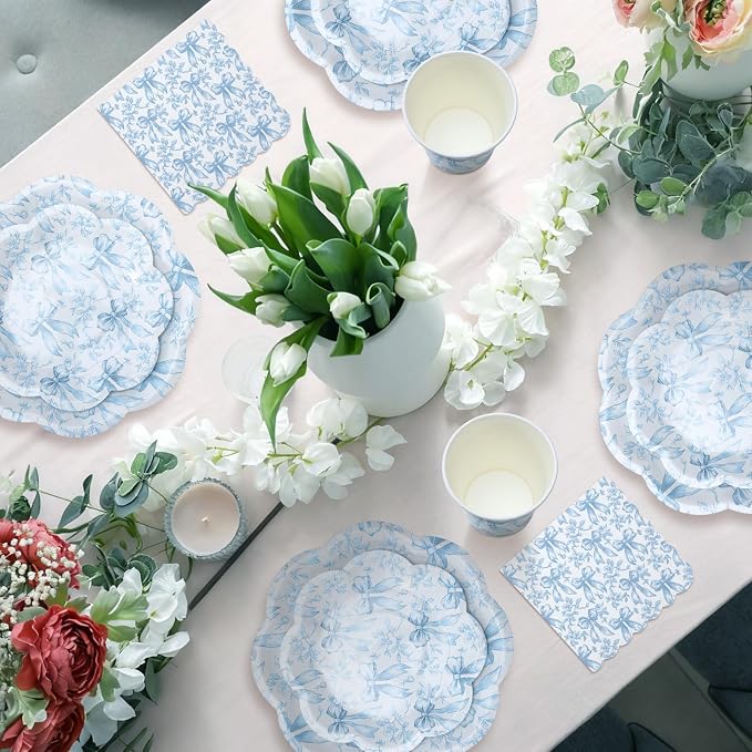 250 Pcs Blue Floral Disposable Paper Plates and Napkins | Bow Coquette