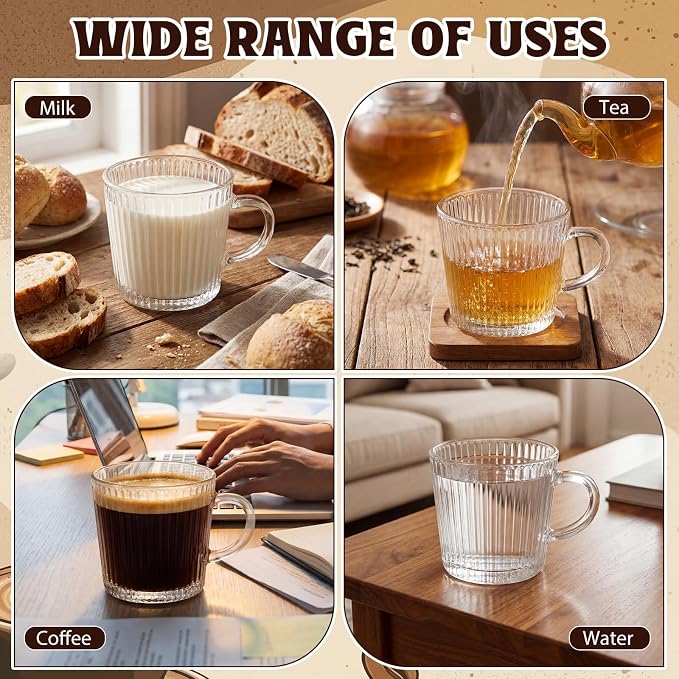12 Pack Glass Coffee Mugs with Handle 8.5 oz Classic Vertical Stripes Glass