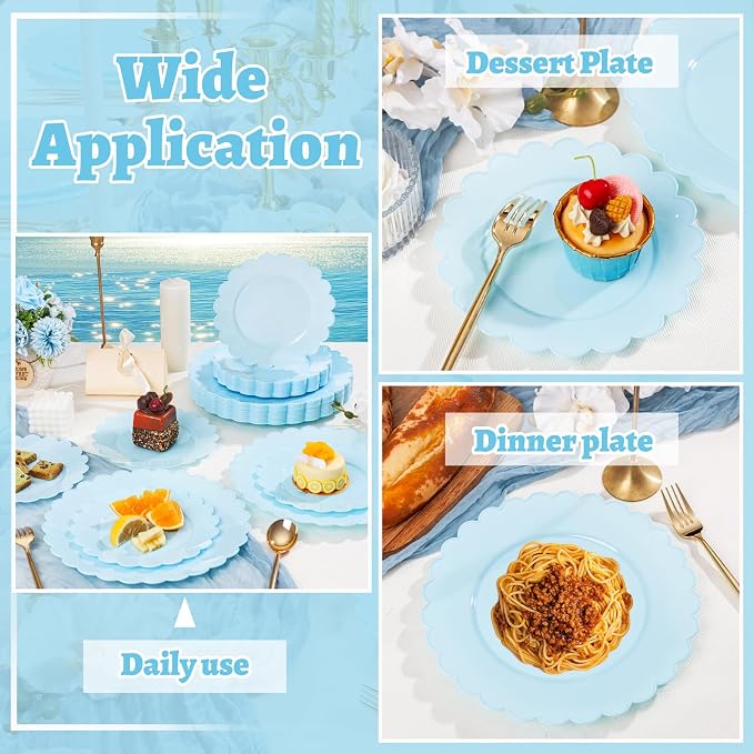 100Pcs Blue Scalloped Plastic Plates Set