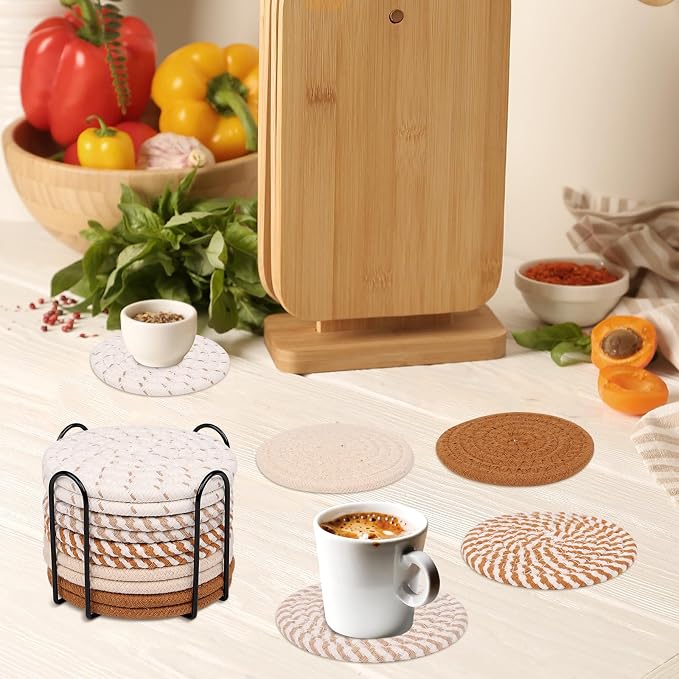 10 Pcs Drink Coasters with Holder, 5 Colors Absorbent Coasters