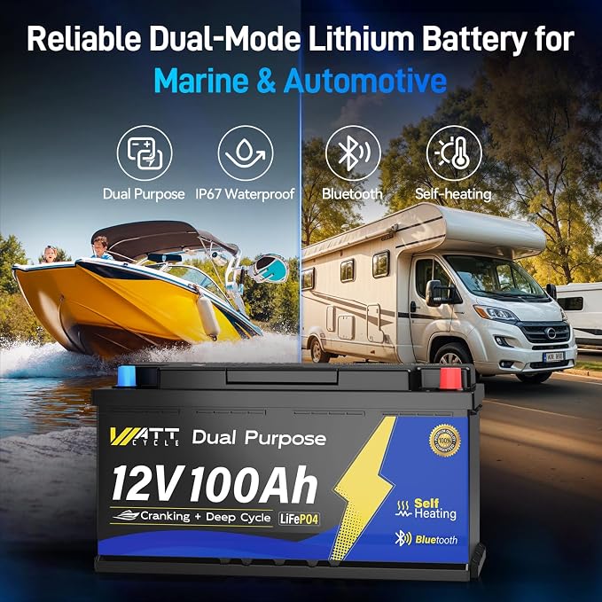 12V 100Ah Marine Starting LiFePO4 Battery Bluetooth, Lithium Battery