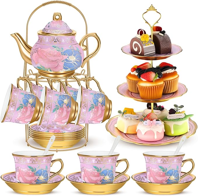 21 Pcs Ceramic Teapot Set Vintage Porcelain Tea Cups