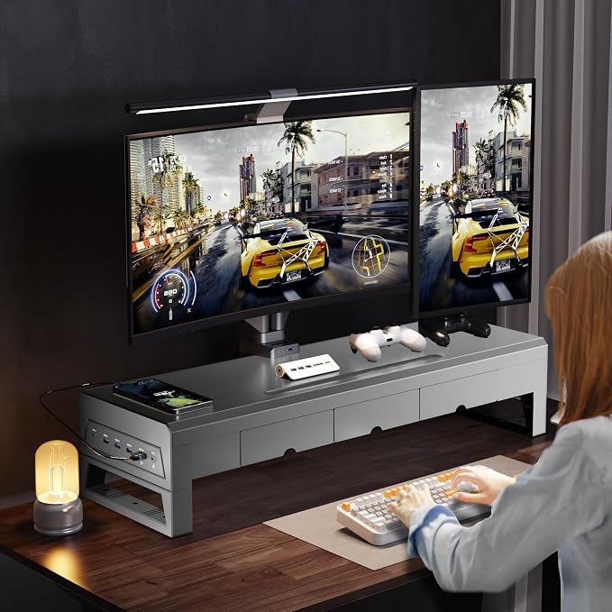 Computer monitor stand with three drawer ，22W charging, 2 USB 3.0, and 1 USB