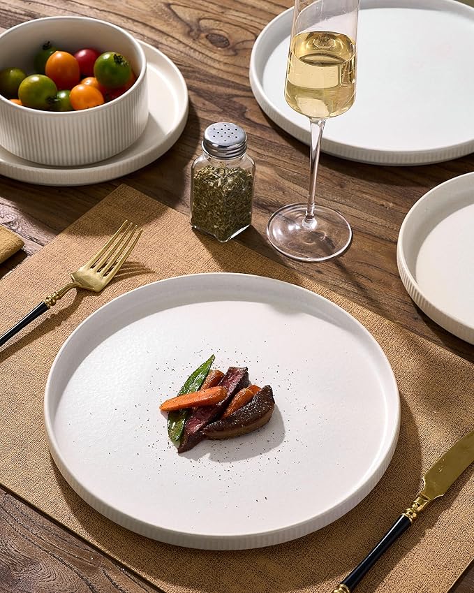 Stoneware Dinnerware Set for 4, 8-Piece Wide Pasta Bowls and Salad Plates |
