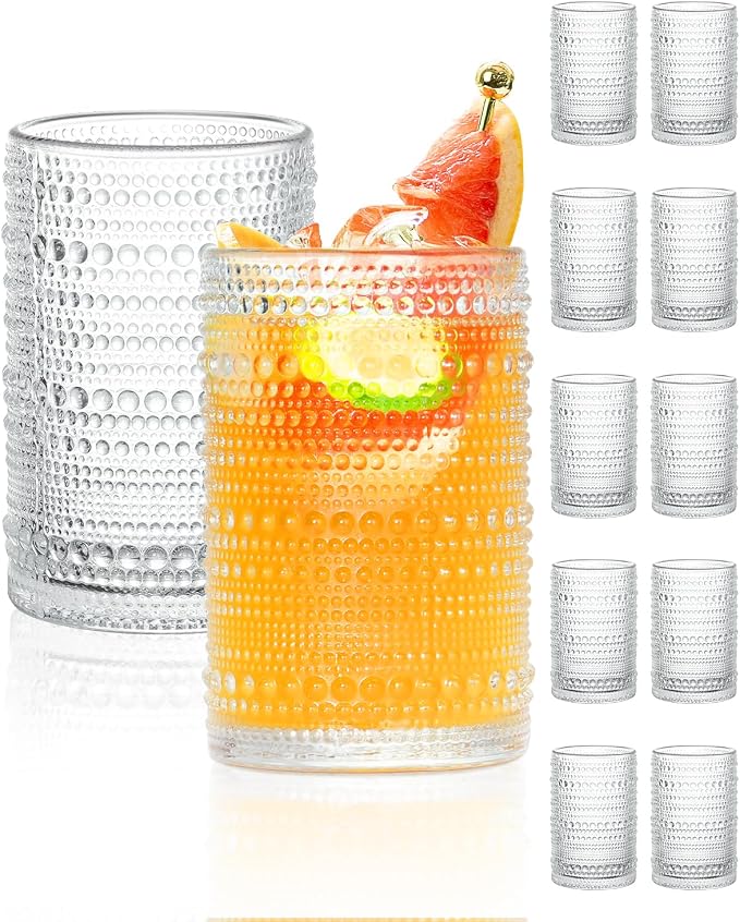 Large Capacity Glasses Drinking Set of 12, 15 oz Vintage Glassware Hobnail