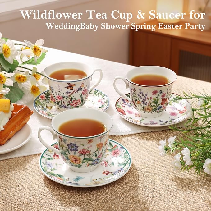 Tea Cups and Saucers, 8 OZ Wildflower Porcelain Tea Cup
