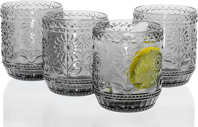 Red Co. Vintage Botanist Drinking Glass Set, Luxurious Floral Embossed