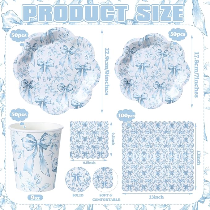 250 Pcs Blue Floral Disposable Paper Plates and Napkins | Bow Coquette