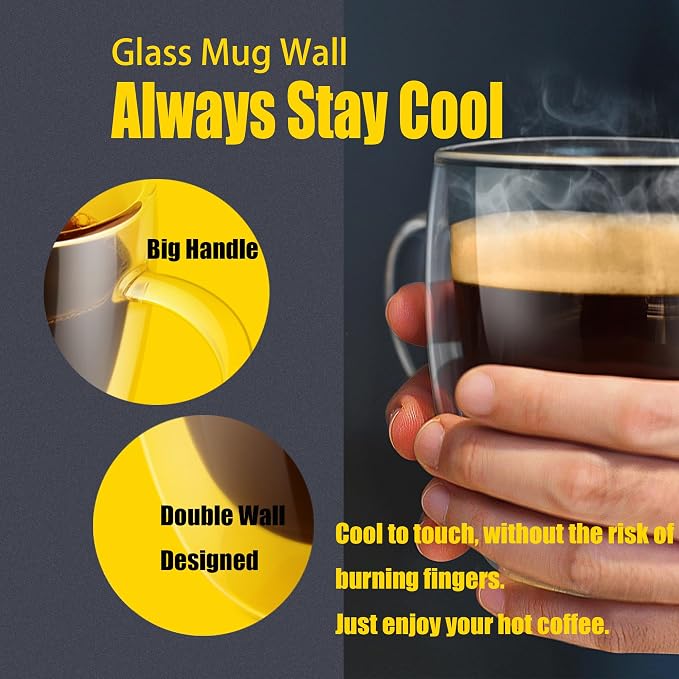 PunPun 16oz.480ml Clear Glass Mugs Large Coffee Mugs, Jumbo Insulated Double
