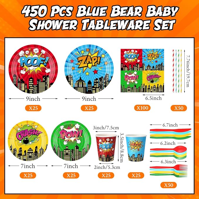 450 Pcs Hero Theme Tableware Set Decorations, Hero Action Themed Disposable