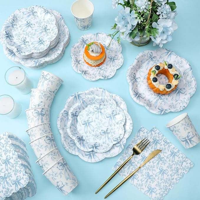 250 Pcs Blue Floral Disposable Paper Plates and Napkins | Bow Coquette