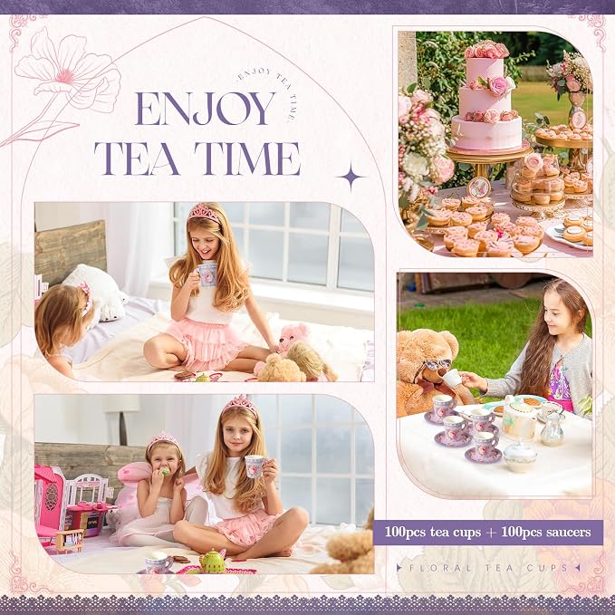 Nuogo 200 Pcs Floral Paper Tea Cups and Saucers 7 oz Disposable Paper Teacups
