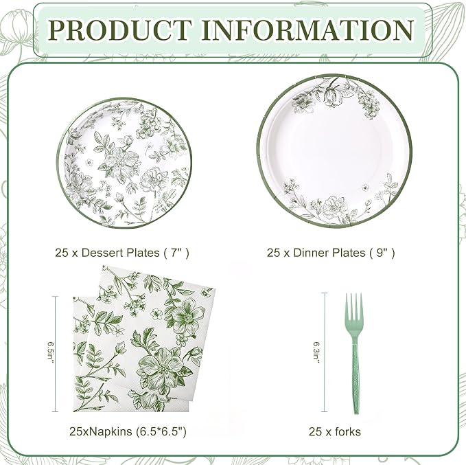 100 Pcs Disposable Sage Green Flower Tableware Set