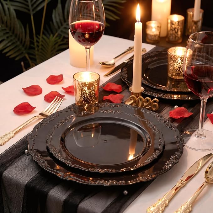U-QE 100PCS Black Plastic Plates, Heavy Duty Black Plates Including 50PCS 10''