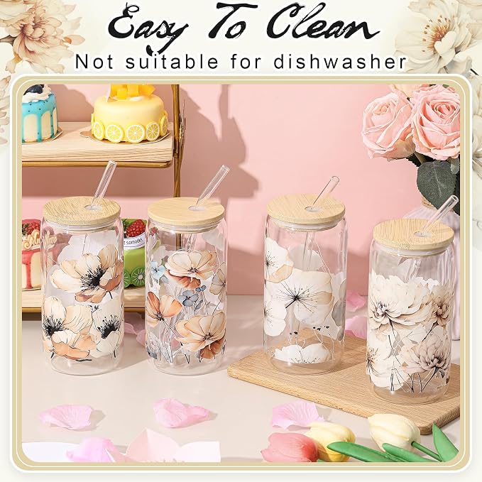Mumufy 4 Pack Wildflower Glass Cups Gift Aesthetic Cute Glass Cup Tumbler