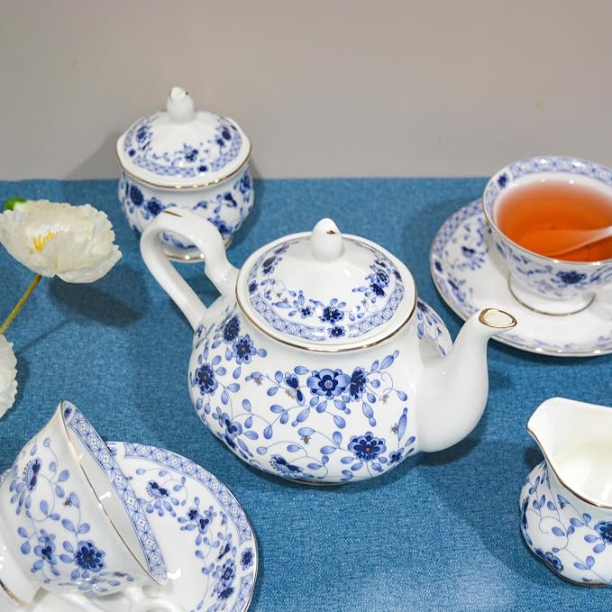 Bone China Tea Set, 21-Pieces Porcelain Tea Set