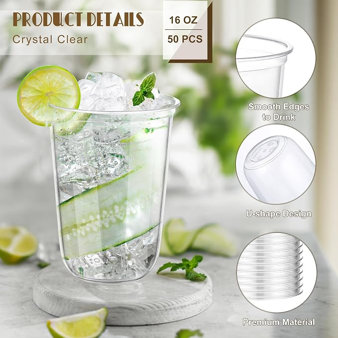KesaPlan 50 Pcs 16oz Plastic Clear Cups, Disposable Wine Cocktail Glasses |