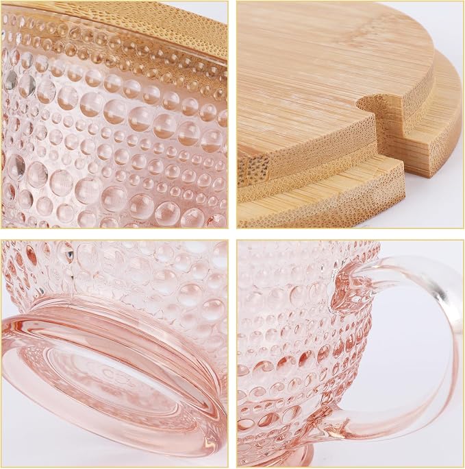 Pink Vintage Latte Mugs Set of 2, 16oz Large Pink Glass Embossed Coffee Mug