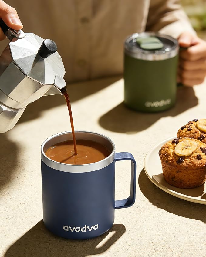 12oz Insulated Coffee Mug with Lid – Includes Two Lids, Stainless Steel Coffee