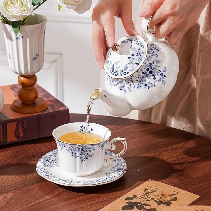 Ceramic Floral Cups with Saucers，7 oz Espresso Cups