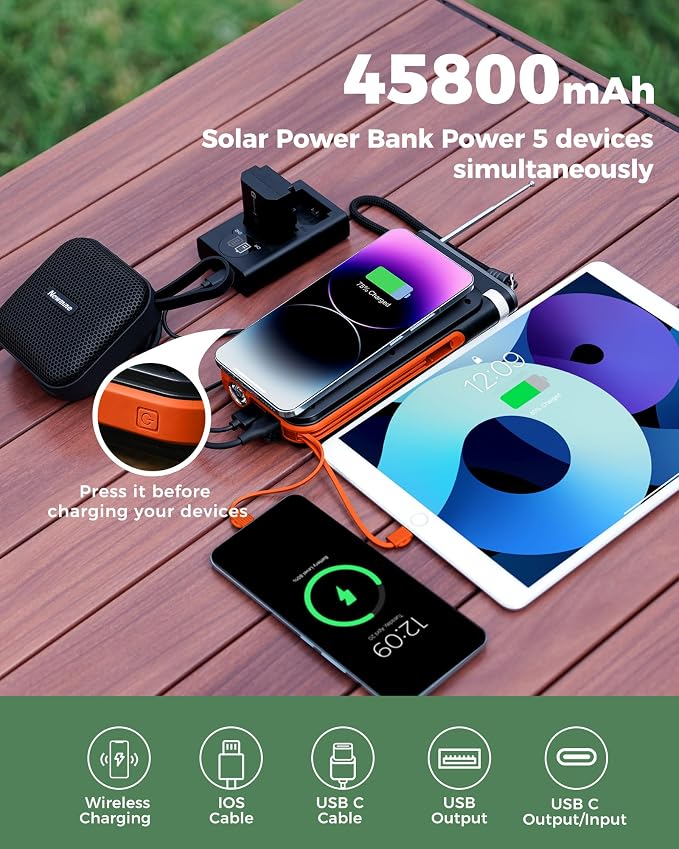 GOODaaa Solar Power Bank, 45800mAh Wireless Portable Charger Built-in Cables