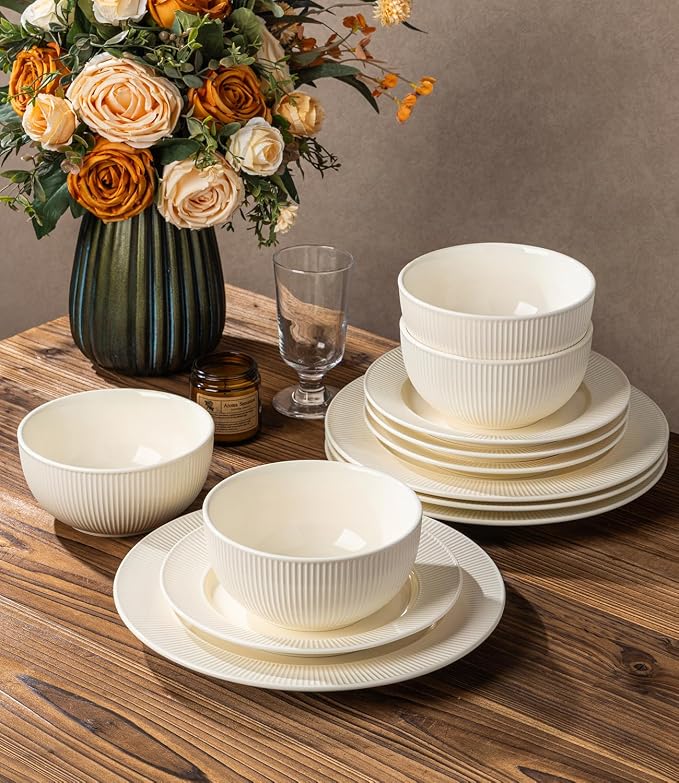 Ceramic Dinnerware Set for 4, 12-Piece Plates and Bowls Set | Lightweight