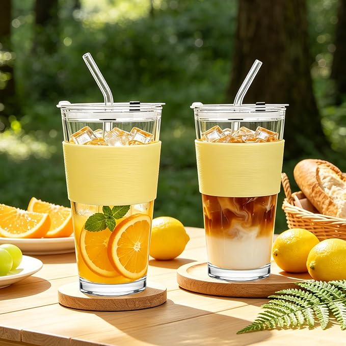 Birity 16oz Glass Cups with Lids and Straws, Glass tumbler With Straw and