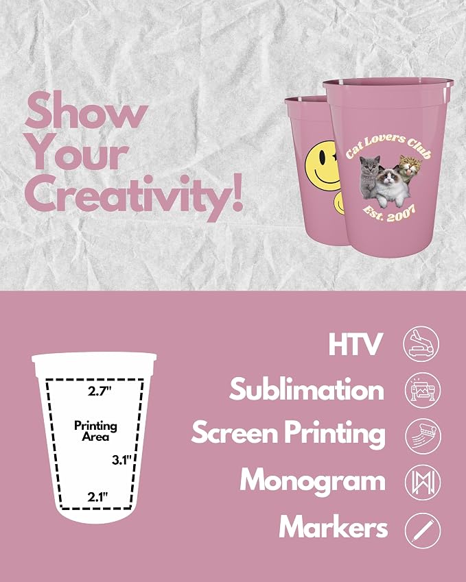 PartyPrints 10 Pack Small 10 to 12 oz Pink Reusable Blank Plastic Cups