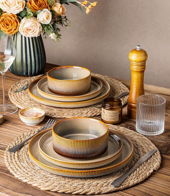 Ceramic Dinnerware Set for 8, 24-Piece Plates and Bowls Set | Lightweight