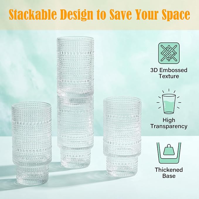 Glass Cups with Lids and Straws 16 oz Vintage Drinking Glasses Set | Embossed