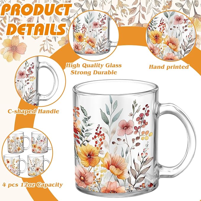 Tioncy 4 Pcs Fall Floral Coffee Mugs 12 oz Flower Glass Cups