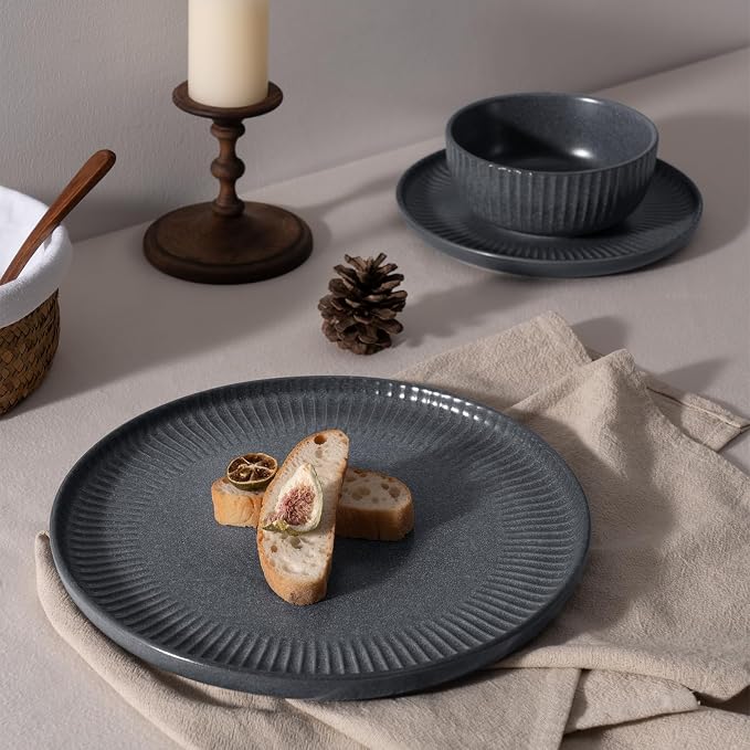 Famiware Ceramic Plates and Bowls Sets, Reactive Glaze Ribbed Dishes