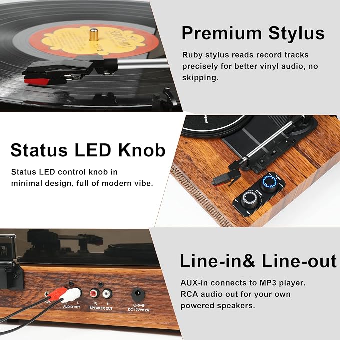 Vinyl Record Player with External Speakers, 3 Speed Bluetooth Turntable